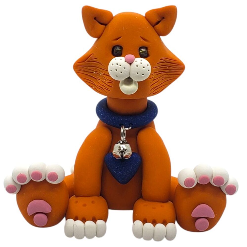 Kitty Cat Orange & White Kitten with Blue Collar & Bell Handmade Polymer Clay
